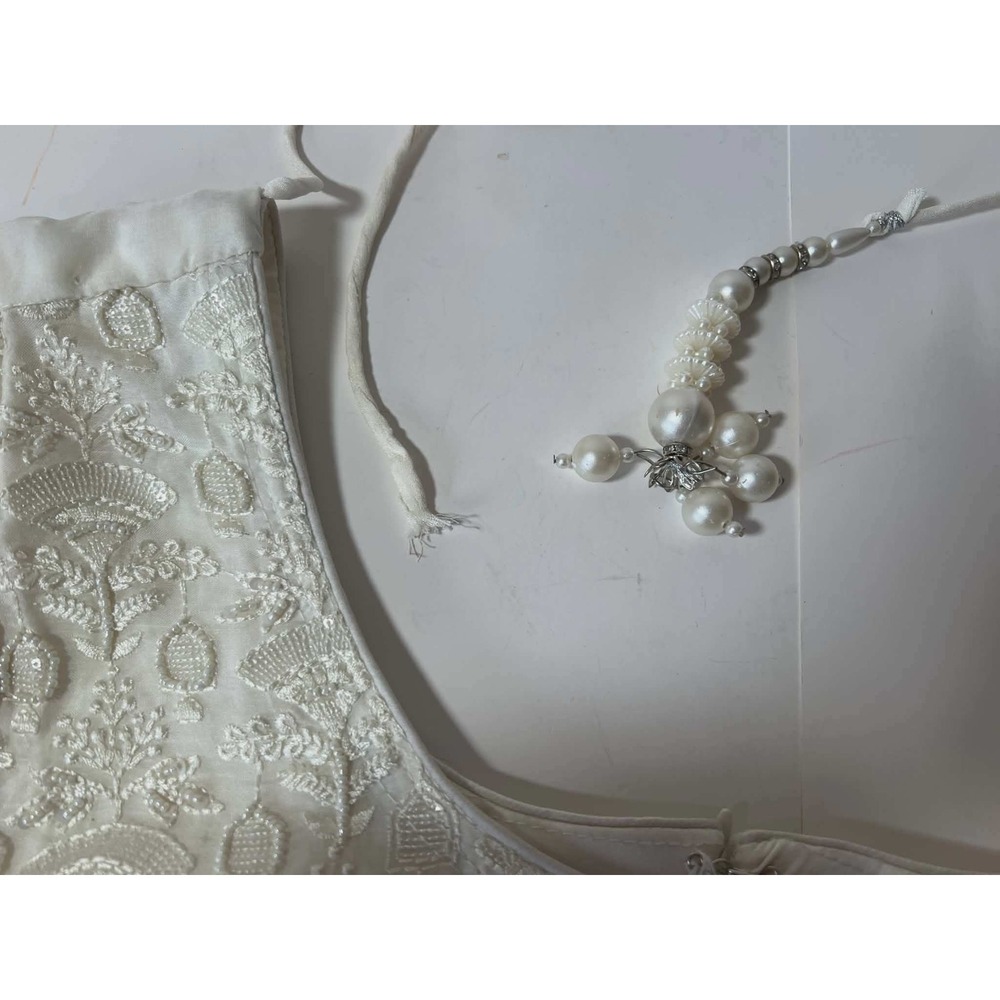 Ivory Chikankari Embroidered Kurta Tunic with Sequin Accents and Pearl Tassels - Picture 5 of 8